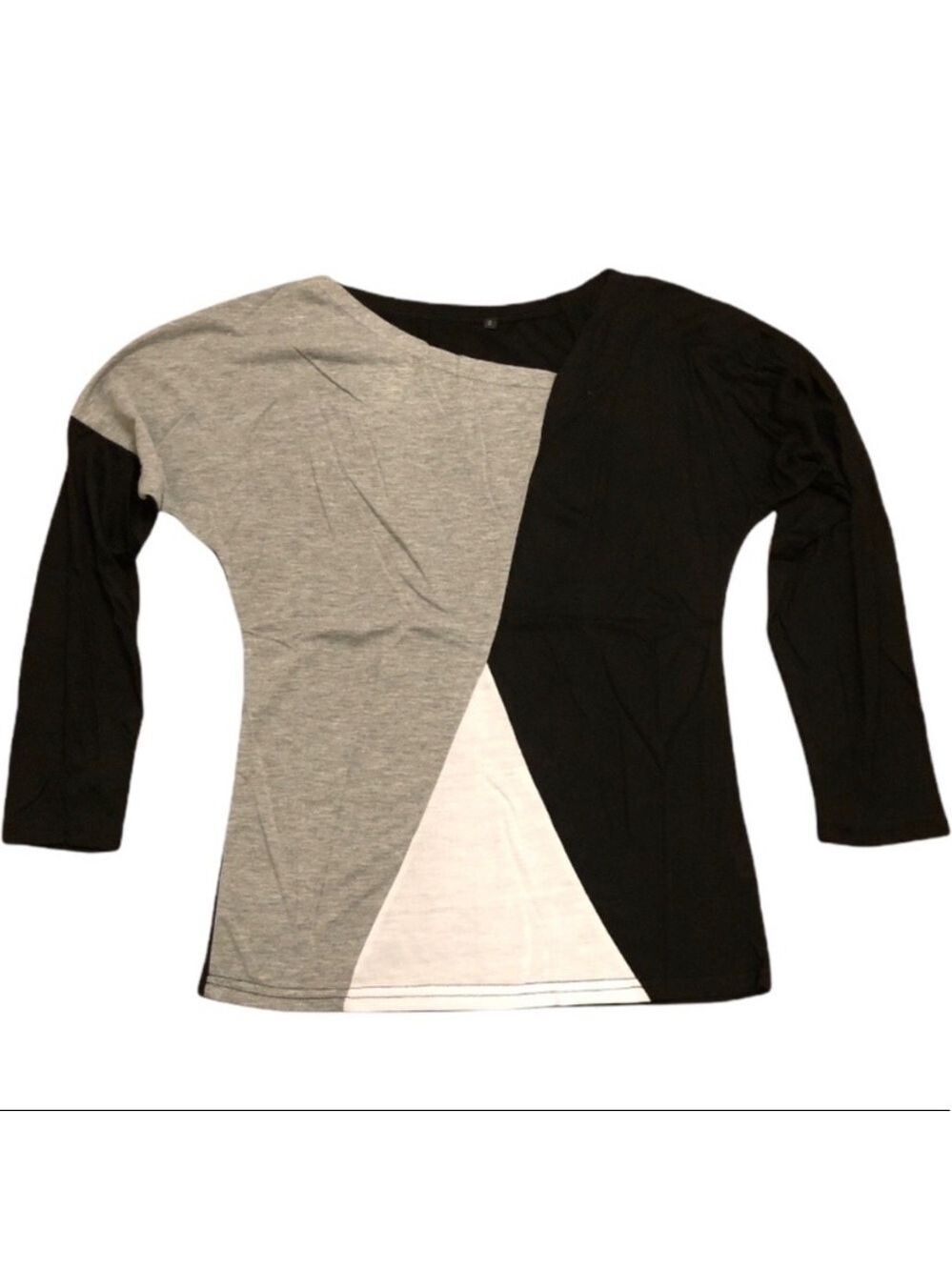 Neutral Color Block Geometric Long Sleeve Top Asymmetrical Neck - Picture 5 of 12